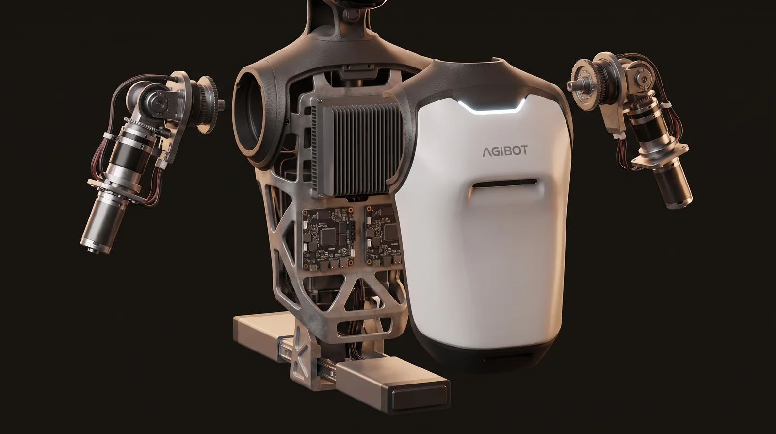 Корпус AgiBot A3 в разобранном виде: рама из магниевого сплава, вычислители, плечевые приводы